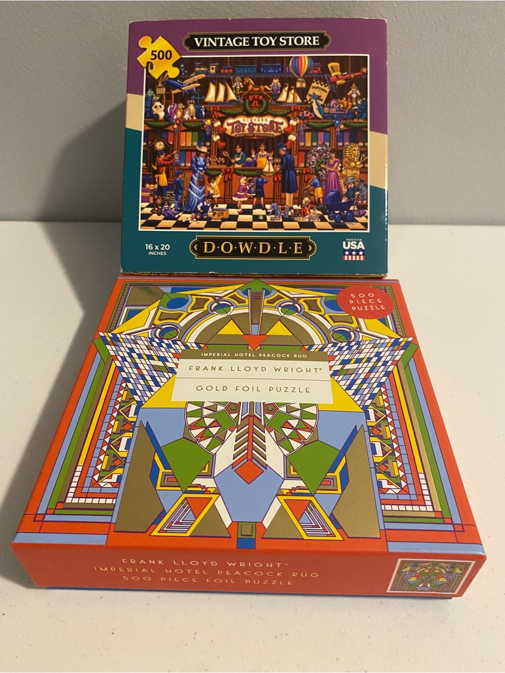 Two Challenging Puzzles. Imperial Hotel Peacock Rug & Vintage Toy Store.
